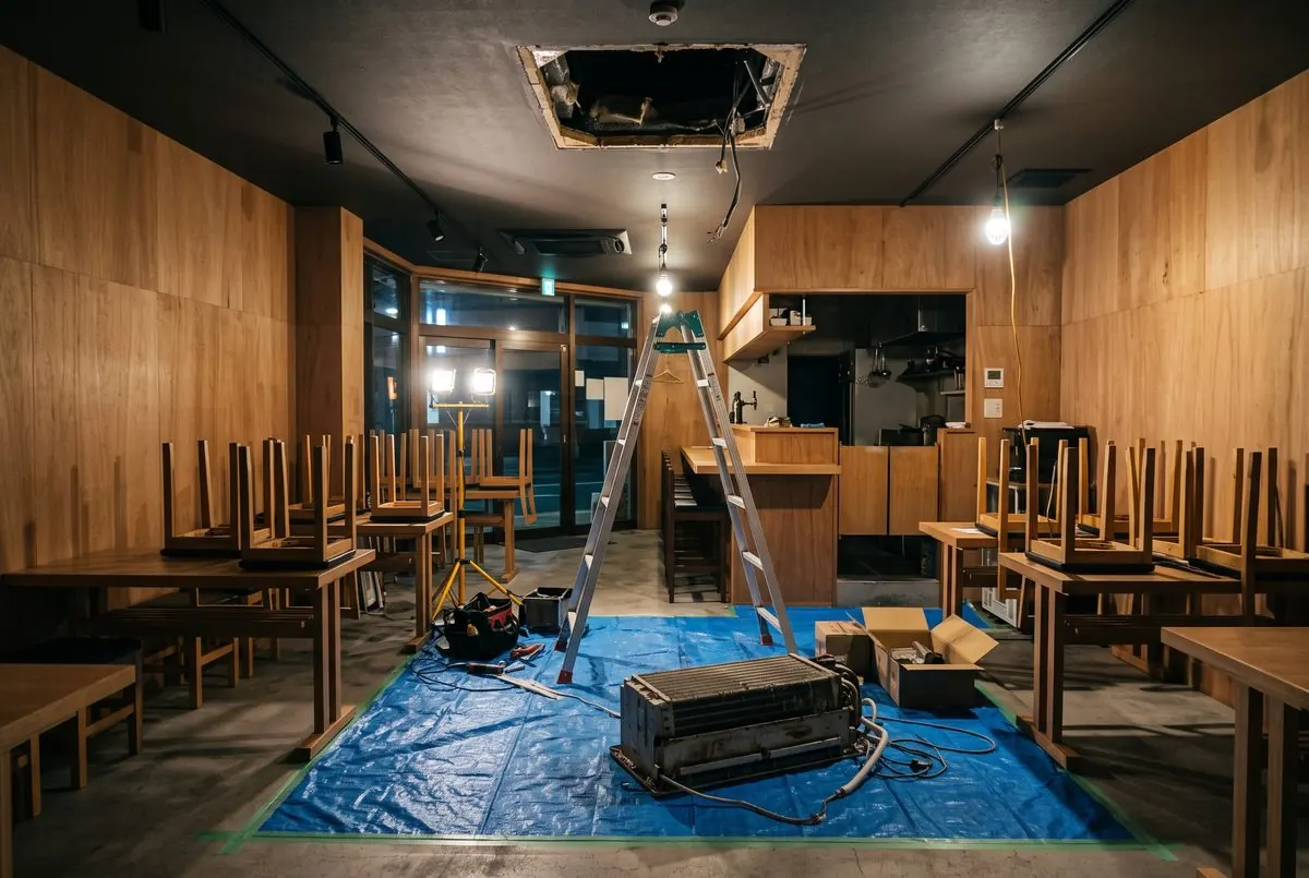 閉店後の飲食店で床を養生し、取り外した室内機と脚立がある工事の様子