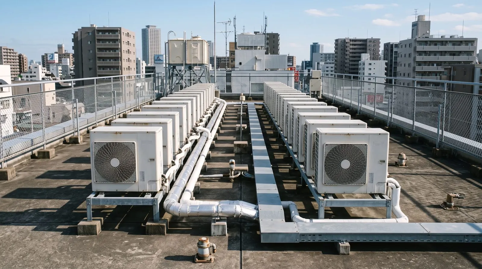 事務所ビルの屋上に並ぶ業務用エアコンの室外機