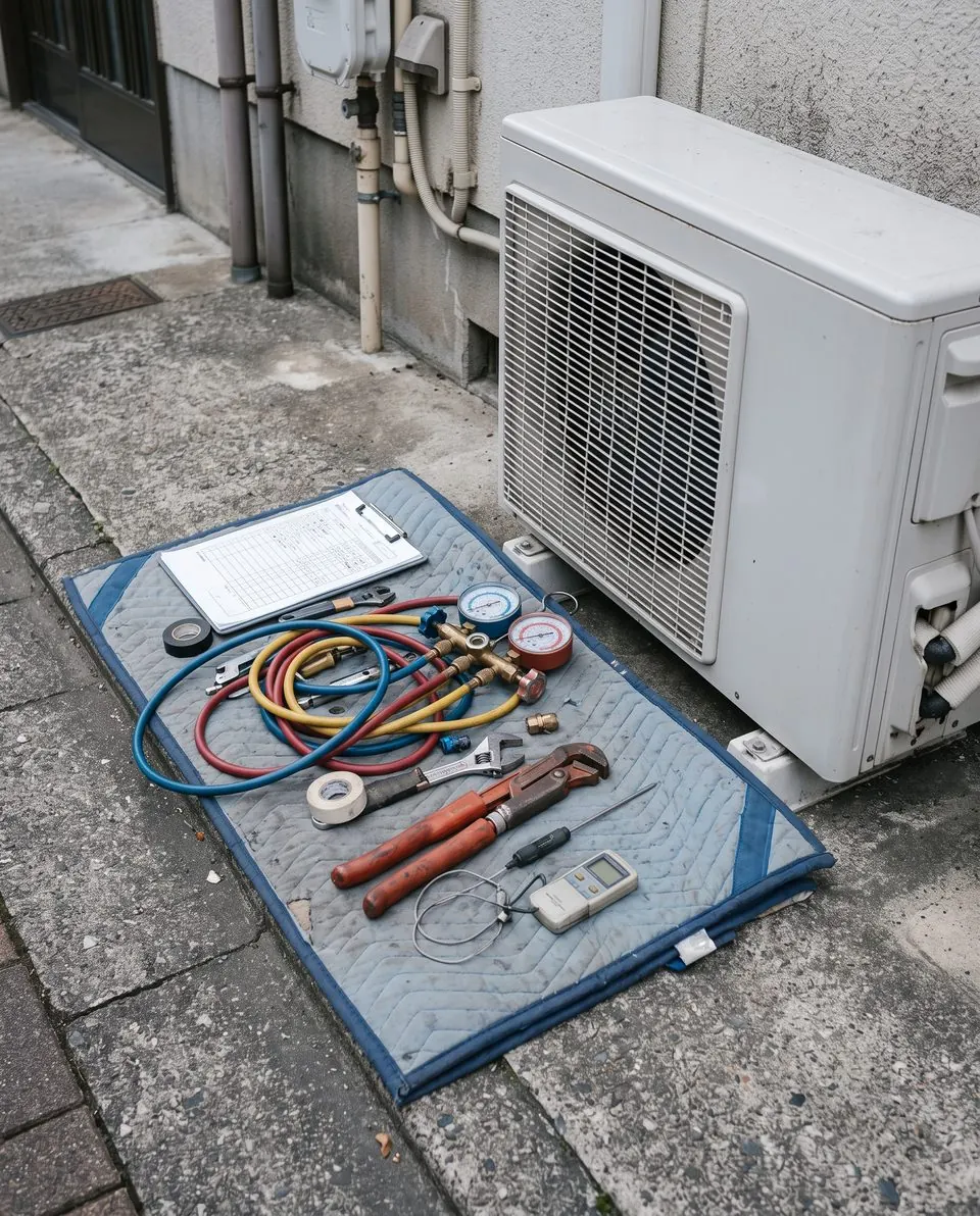 室外機の横に並べた冷媒の圧力計と点検の道具