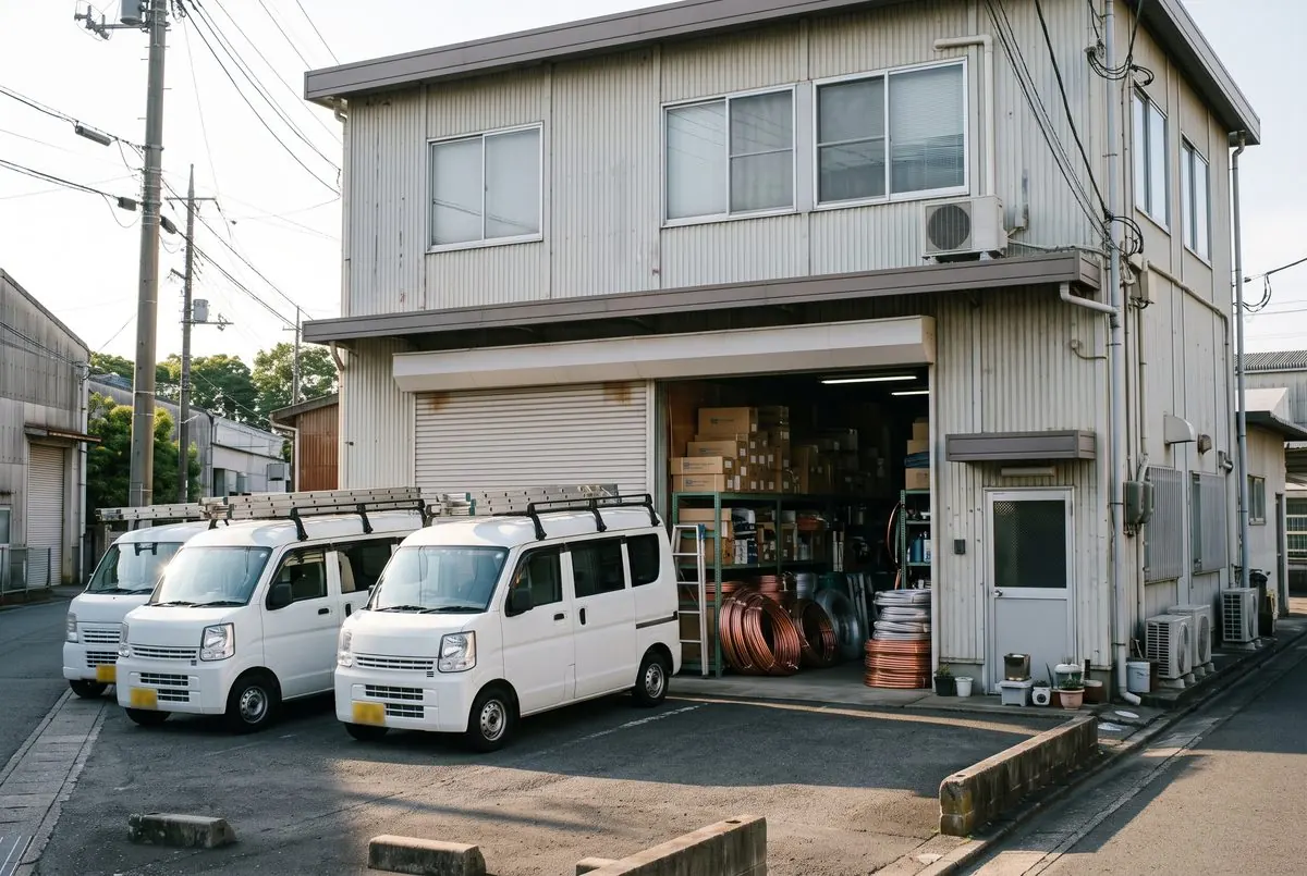 事務所兼倉庫の前に並ぶ白い工事車両と、棚の資材