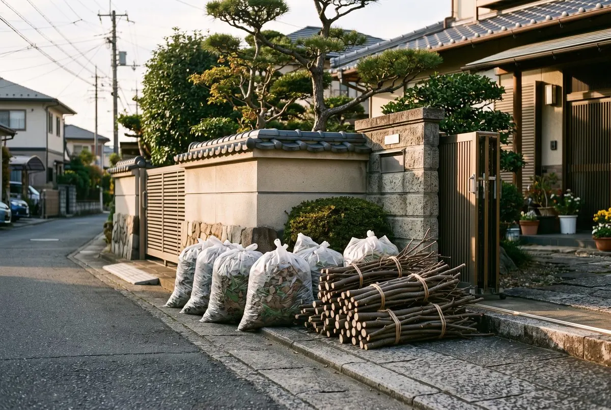 束ねた枝と袋詰めした枝葉を、作業後に道路際へまとめた様子