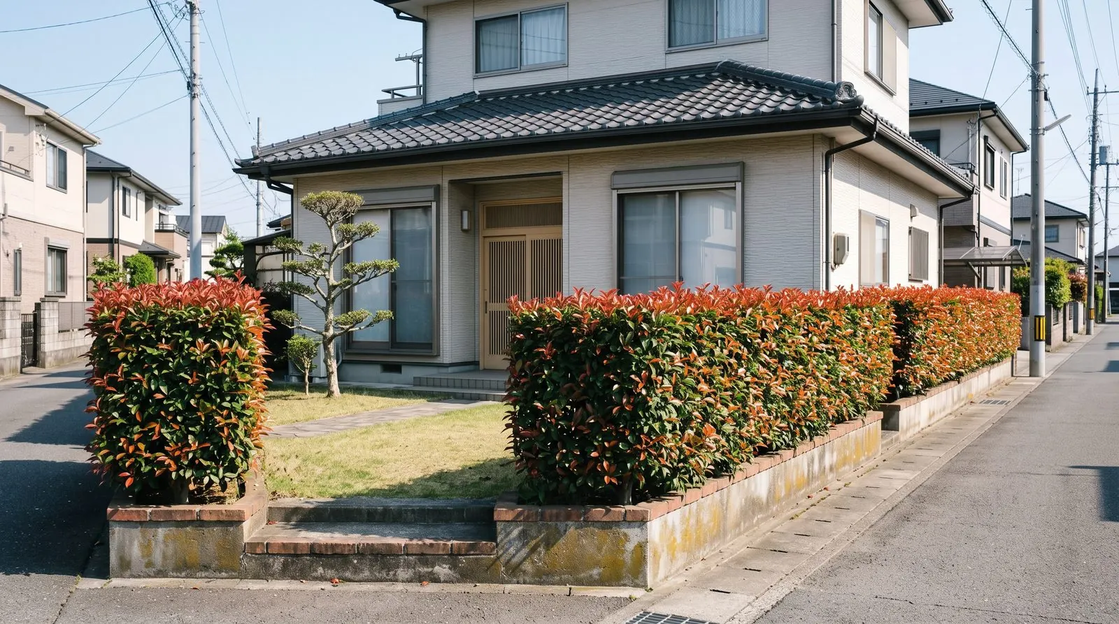 刈込みを終えたばかりのレッドロビンの生け垣と戸建て住宅