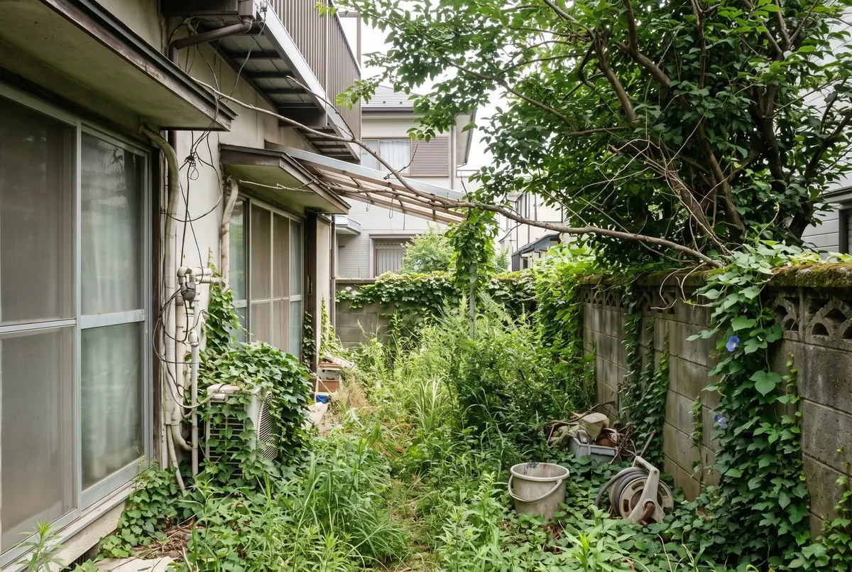 雑草が伸び、枝が塀と外壁にかかった夏の裏庭