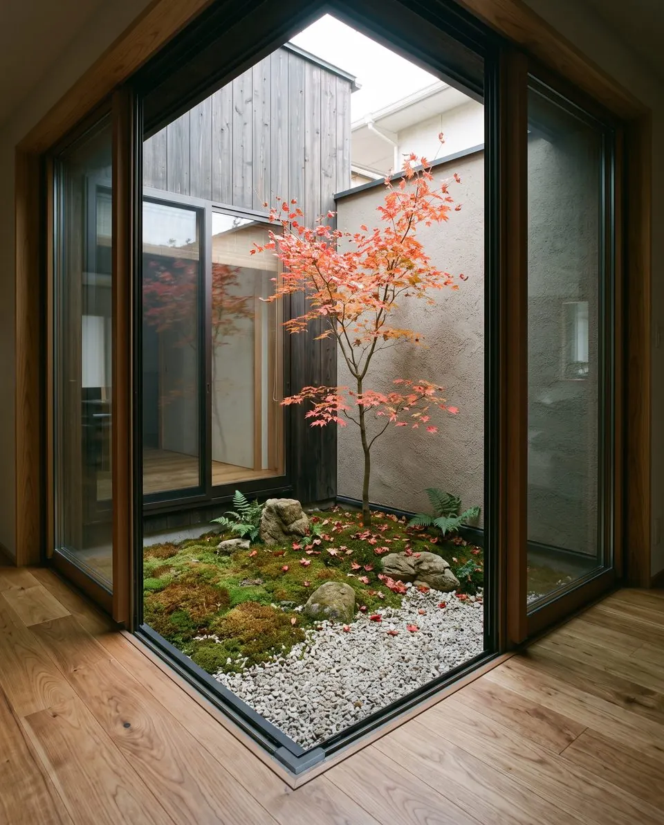 床から天井までのガラス越しに見える、紅葉したモミジの坪庭
