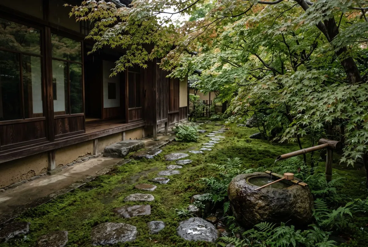 苔の間に飛び石と蹲踞を据えた和の庭