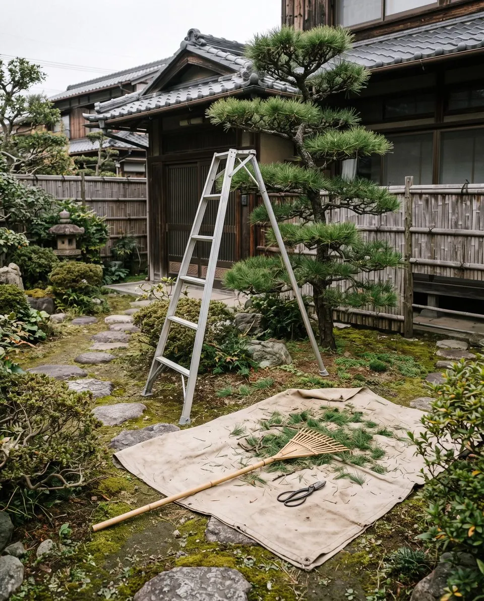 手入れを終えた黒松の横に立つ三脚脚立と、刈った葉を集めたシート