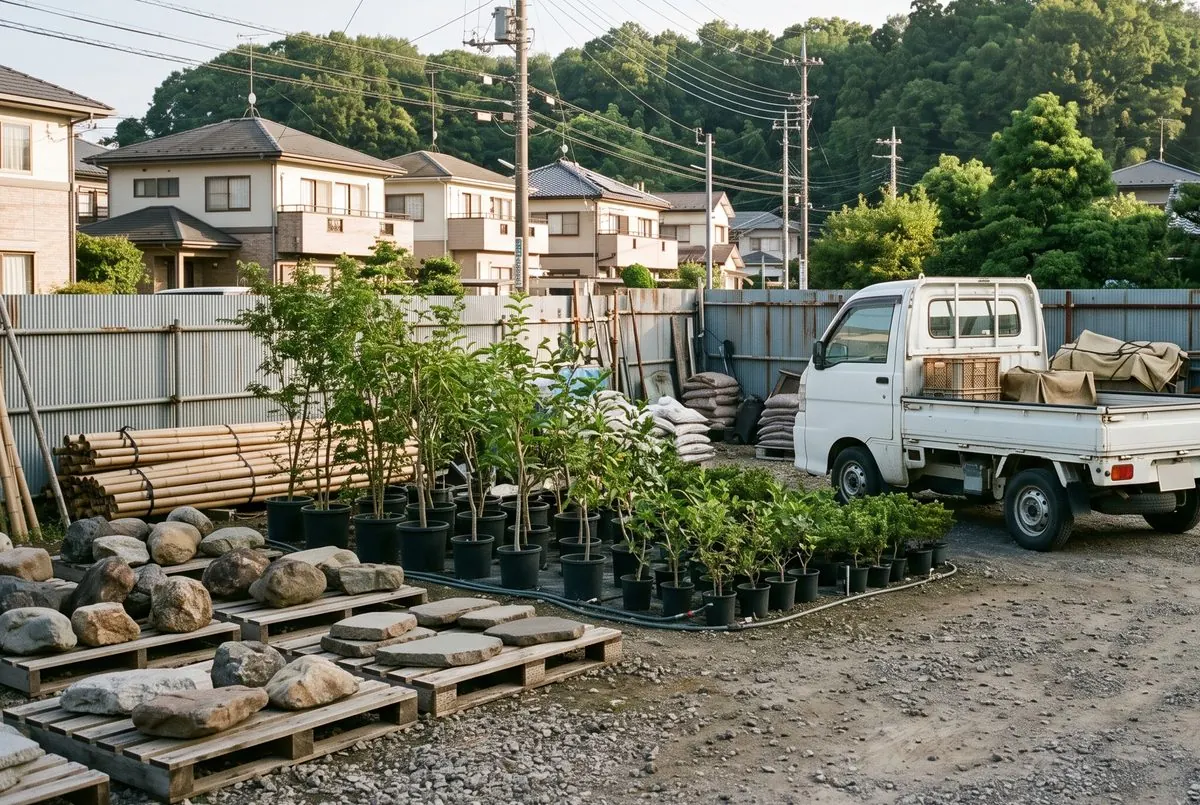 庭石と植木の苗を並べた資材置き場と、小型トラック
