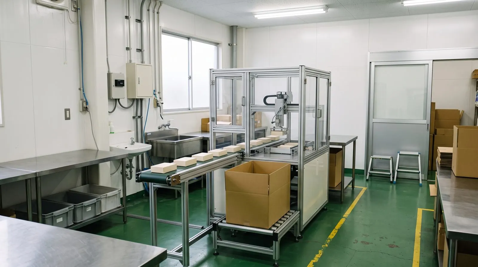 コンベヤーと取り出し装置で、製品を段ボール箱に詰める小さな自動化ライン