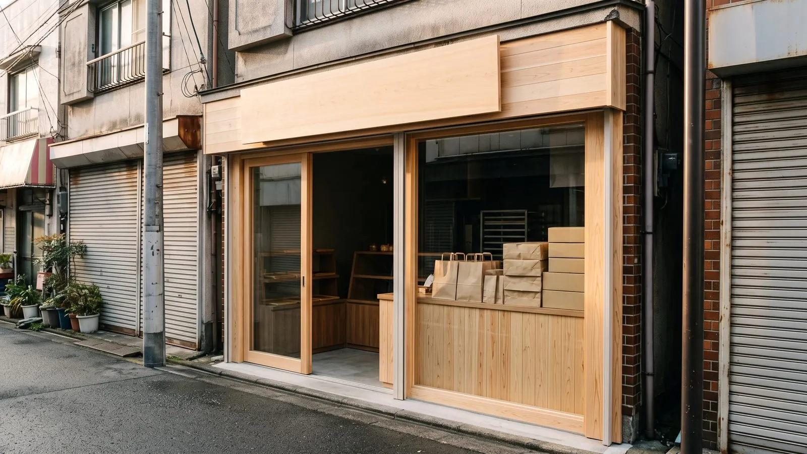 名前を入れる前の無地の看板がかかった、開店前のパン屋の店先