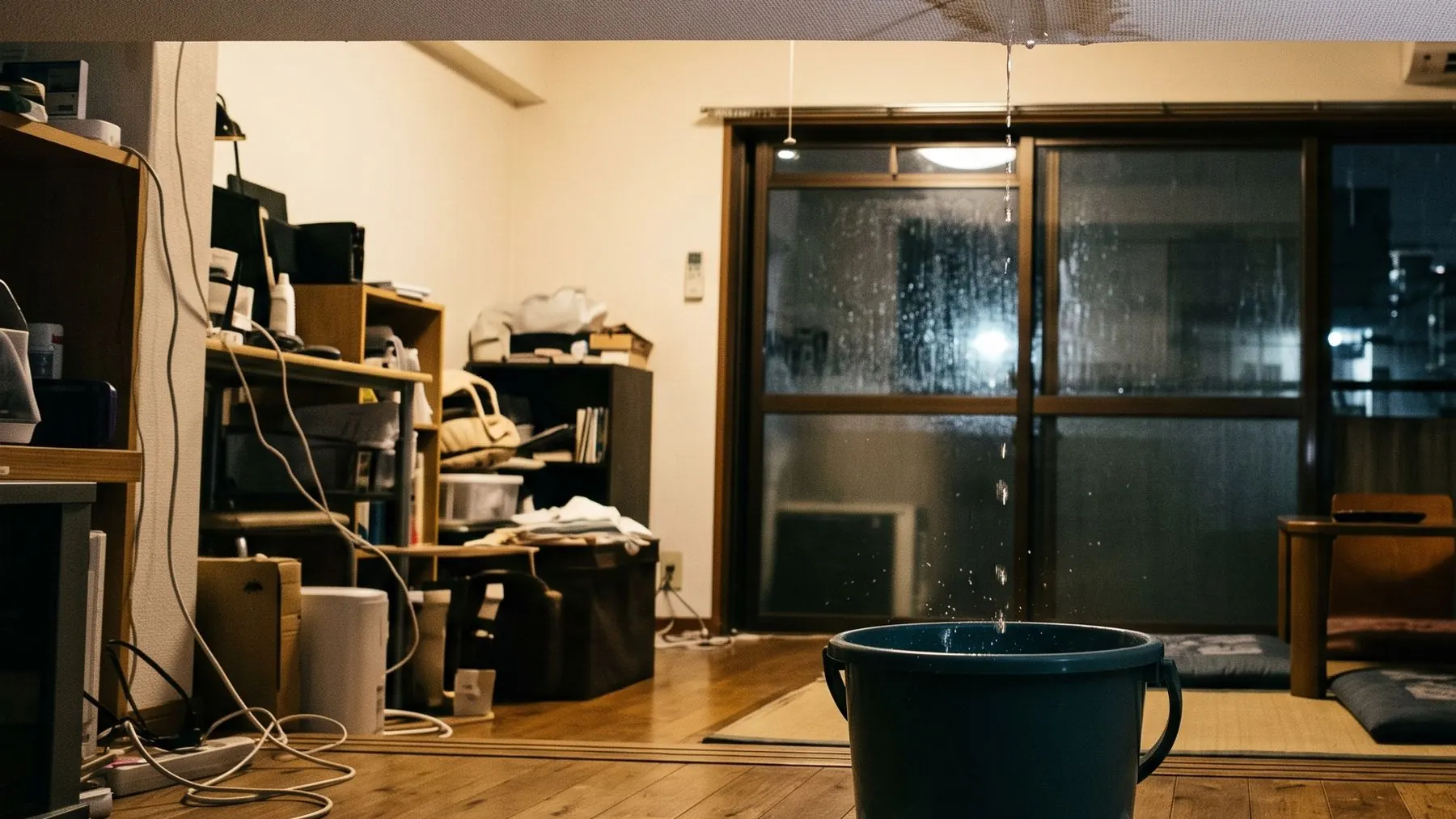 天井のしみから落ちる水を、バケツで受けている夜の部屋