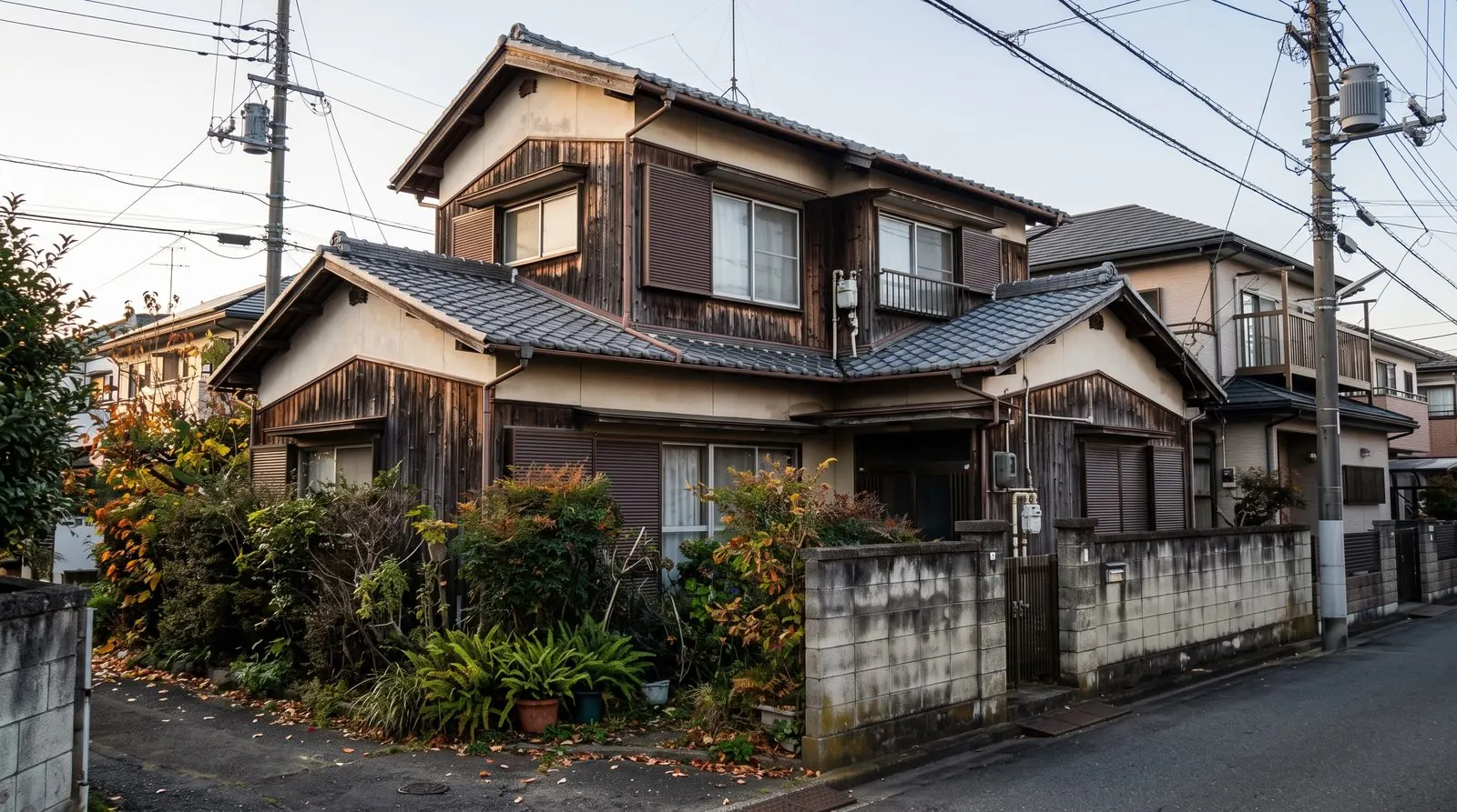 庭木が伸びた、瓦屋根の木造2階建ての実家