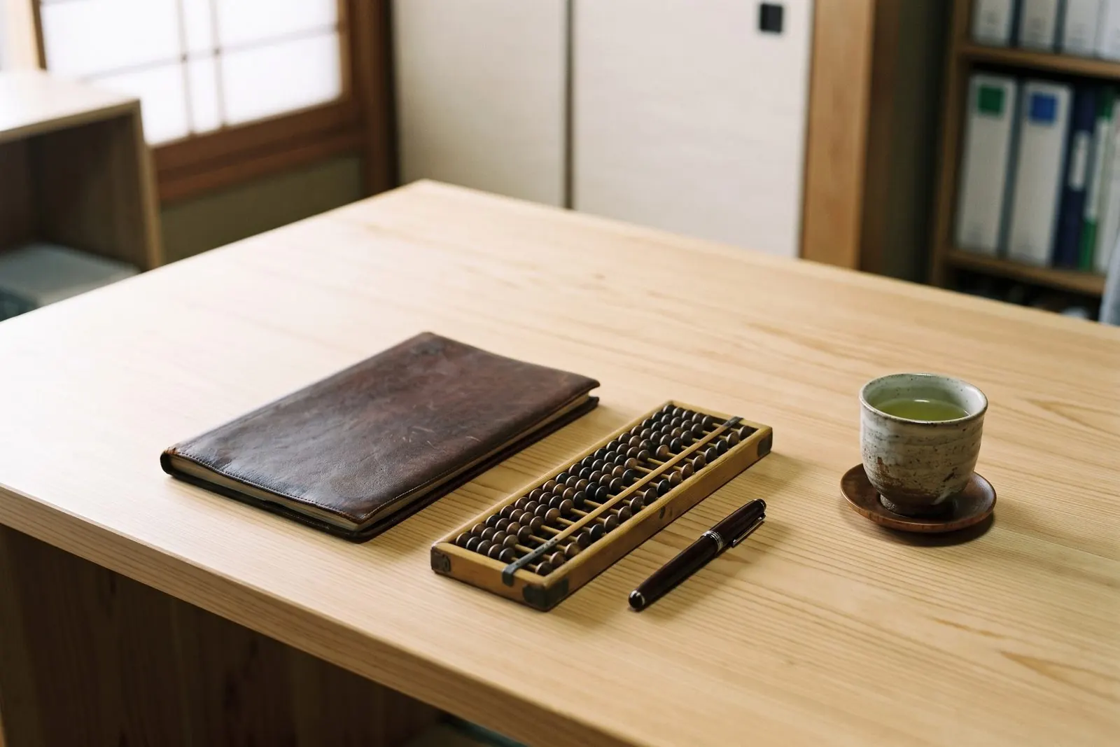 革の帳簿、そろばん、万年筆、お茶を置いた机