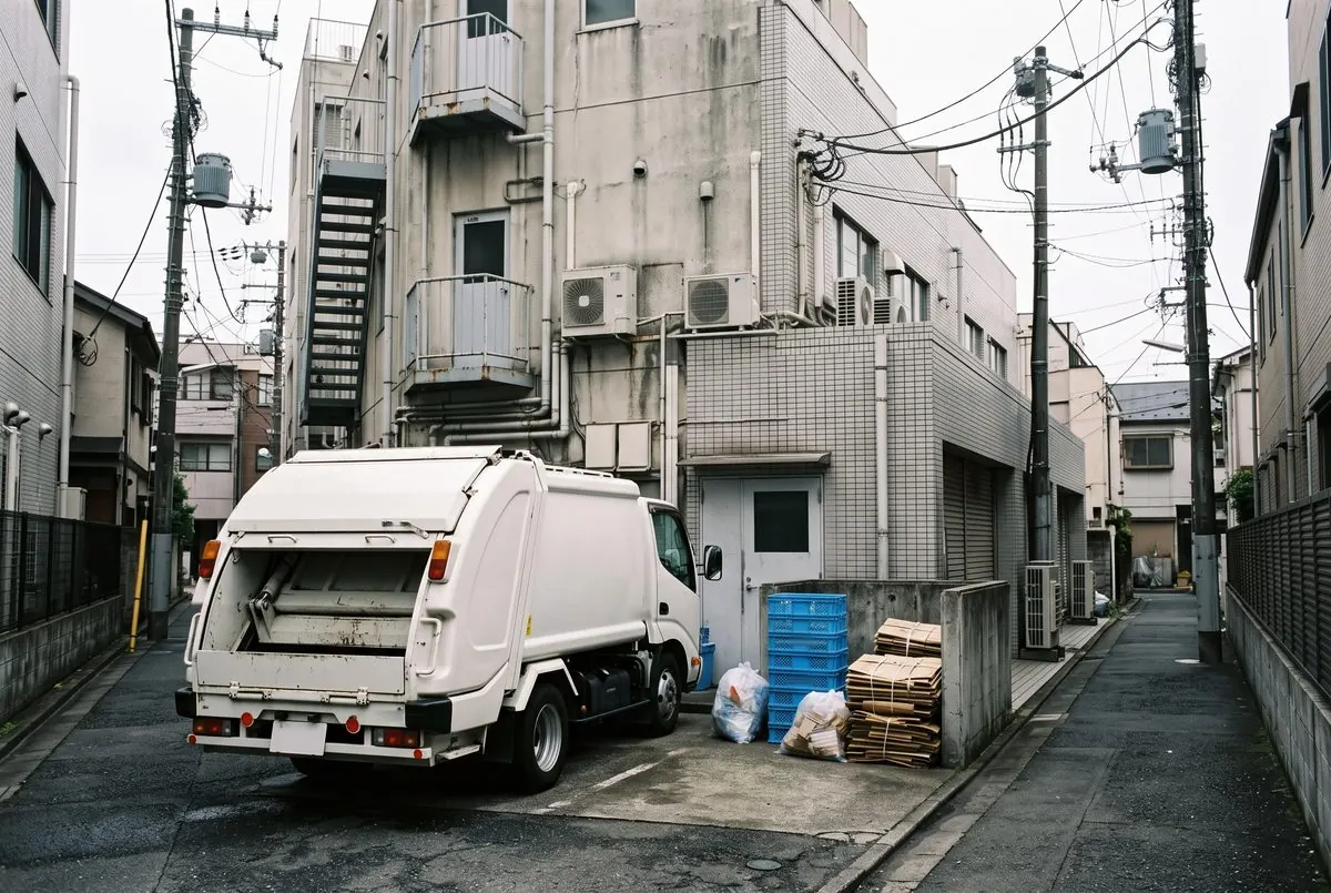 事務所ビルの裏で、分別したごみを積み込む収集車